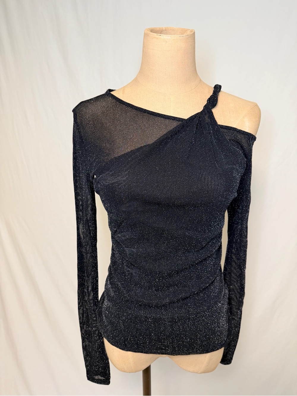 Zara Black Metallic One-Shoulder Semi-sheer Sweater